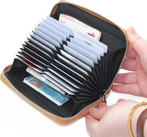 Vista 17 de boshiho Cartera con bloqueo RFID de 24 ranuras para tarjetas de crédito, de piel auténtica, organizador de múltiples tarjetas, con cremallera