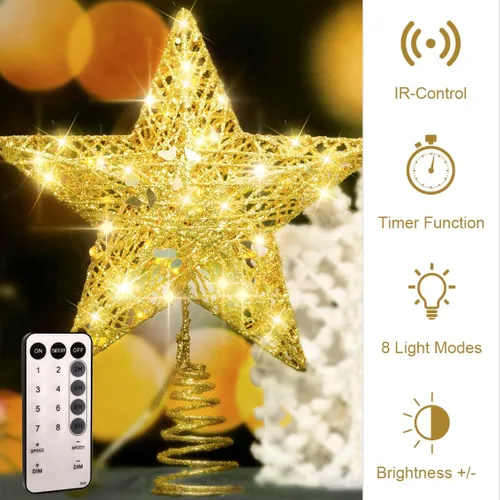 Vista 2 de YAUNGEL Estrella para la Copa del Árbol de Navidad, Estrella para la Copa del Árbol con 40 LED y Control Remoto Operado por Batería Luces Cálidas