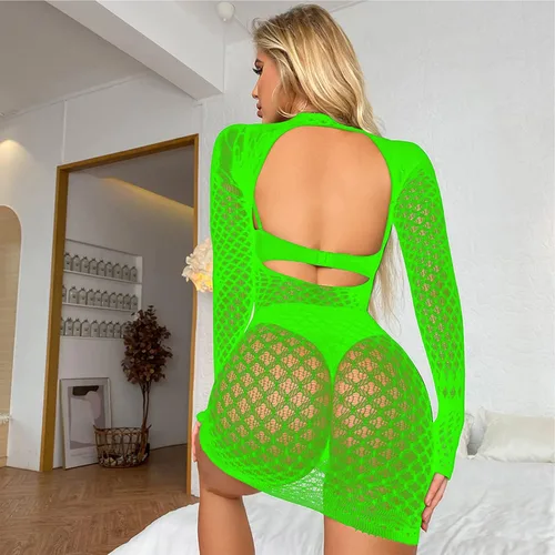 Vista 4 de Vestido ajustado de red para mujer, de una pieza, con abertura y espalda descubierta, lencería
