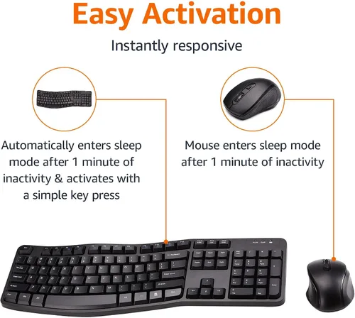 Vista 5 de Amazon Basics Combo ergonómico de teclado y mouse inalámbricos para un uso cómodo de PC y portátil, USB de 2.4 GHz, color negro