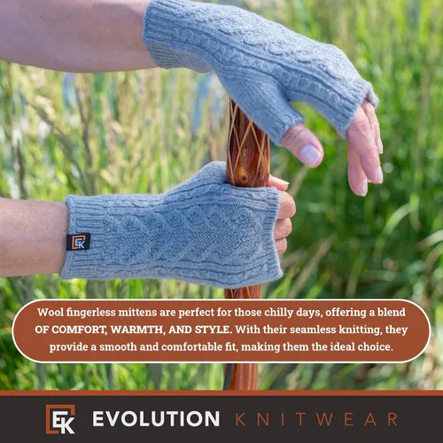 Vista 5 de Evolution Knitwear Guantes de lana de punto trenzado sin dedos, lana merino súper suave, fabricados en los Estados Unidos, talla S
