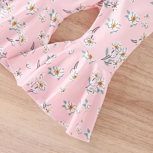 Vista 6 de DUBASAM Conjunto de trajes de verano para bebé niña, con hombros descubiertos, botones, de punto, acanalado, overol floral, pantalones acampanados +