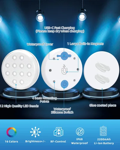 Vista 7 de Luces de piscina, luces LED sumergibles recargables actualizadas con control remoto, 16 colores IP68, luz subacuática impermeable para piscina