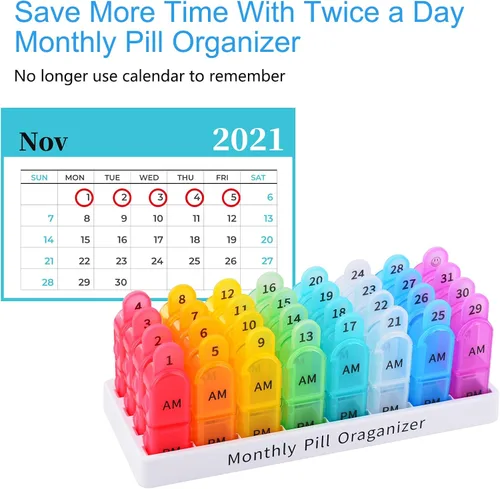 Vista 7 de Greencycle Organizador mensual de pastillas para 30 días, 2 veces al día, organizador de medicamentos de 4 semanas, a prueba de humedad
