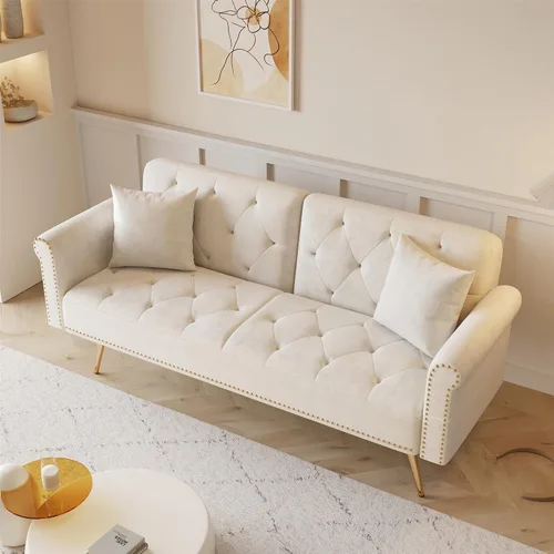 Vista 8 de Sofá cama tapizado de terciopelo, sofá cama convertible con dos almohadas para sala de estar, dormitorio, oficina en casa (beige)