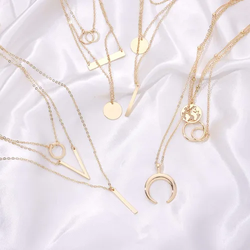 Vista 3 de Biokia 6 collares en capas para mujer collares largos de oro gargantilla mapa moneda luna creciente collar con colgante en Y multicapa