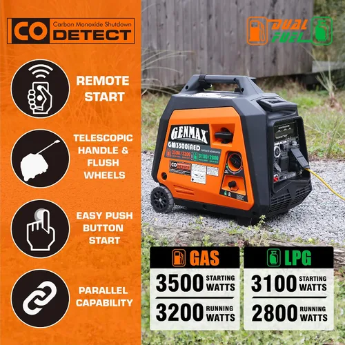 Vista 3 de GENMAX Generador inversor portátil, 3500 W súper silencioso con motor a gas o propano con capacidad paralela, arranque remoto/eléctrico, ideal