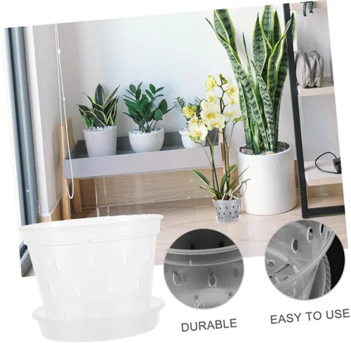 Vista 4 de GALPADA 2 juegos de macetas transparentes transpirables para orquídeas con platillos, macetas ranuradas de plástico transparente para orquídeas