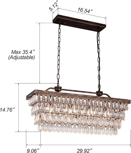 Vista 3 de Wellmet Candelabro de cristal para comedor, lámpara de techo rectangular de cristal de bronce antiguo de 30 pulgadas, 4 luces, iluminación de isla