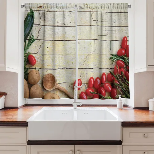 Vista 2 de Ambesonne Cortinas rústicas de cocina, recetas temáticas de verduras para chef, tablones de madera rústica, imagen de arte, cortinas de ventana
