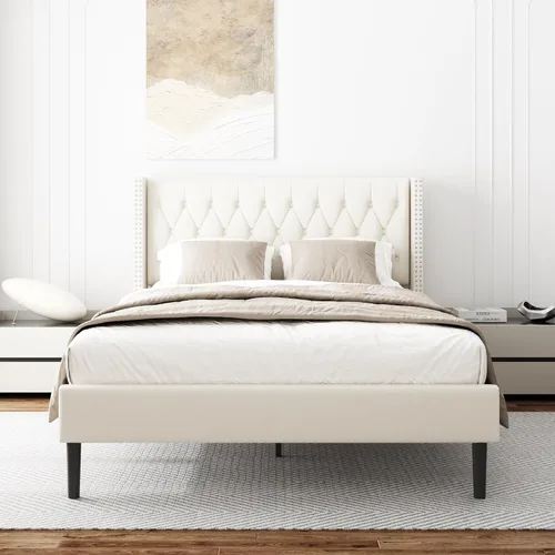 Vista 11 de HAOARA Base de cama tamaño Queen, plataforma tapizada con cabecera con respaldo de ala, botón de terciopelo, fácil montaje, no necesita somier, Beige