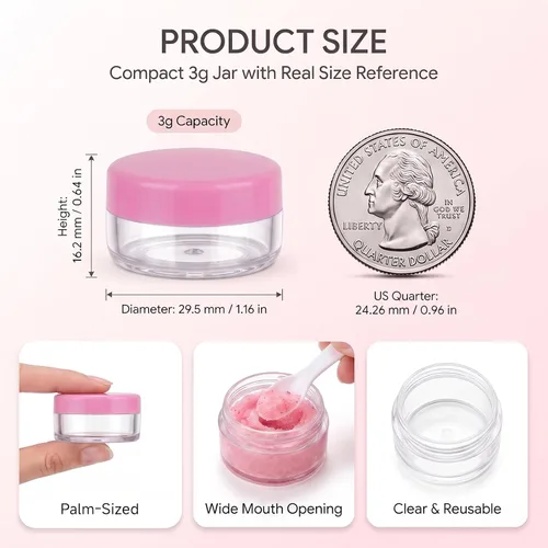 Vista 2 de Contenedores de cosméticos con tapas, tarros de loción de plástico, tarros para muestras, con tapa rosa, 0.2 oz, 25 unidades, Tarro de 3 gramos.
