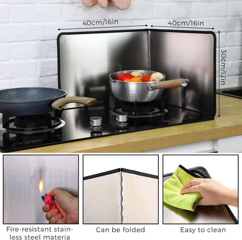 Vista 2 de Protector contra salpicaduras de grasa, 2 piezas, protector contra salpicaduras de 2 caras para estufa, protector contra salpicaduras plegable