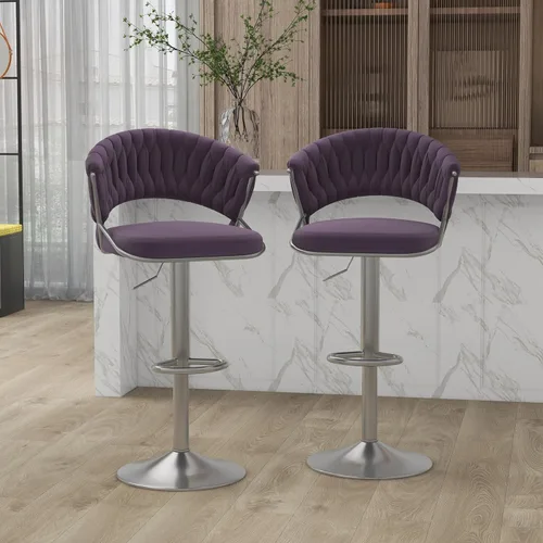 Vista 11 de Juego de 2 taburetes de bar giratorios de 360° con respaldo alto, silla de bar de terciopelo ajustable moderna de altura de mostrador, taburete