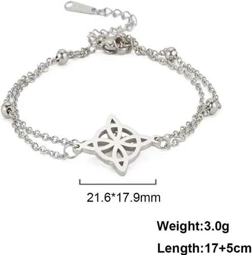 Vista 6 de Pulsera de nudo de brujas para mujer, de acero inoxidable, nudo celta con símbolo Wiccano, pulsera en capas, dije único, pulsera ajustable de doble