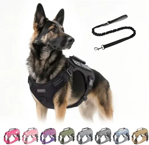 Vista 9 de Arnés táctico para perros grandes con correa, arnés ajustable sin tirones, chaleco de trabajo K9 reflectante para mascotas para caminar, Verde