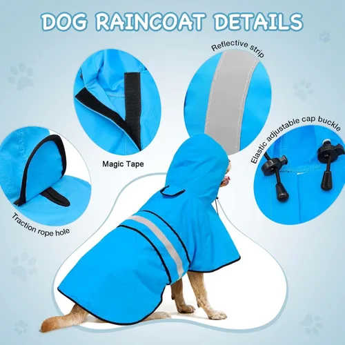 Vista 2 de Impermeable ajustable impermeable para perros, chaqueta reflectante para perros con capucha, abrigo ligero para lluvia para perros pequeños