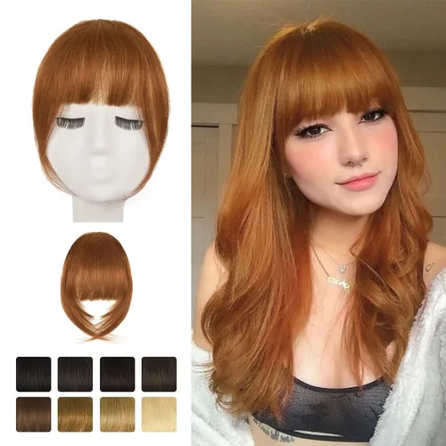 Vista 8 de BARSDAR Flequillo postizo de pelo humano real - Flequillo postizo 100% pelo humano para mujeres - Extensiones de flequillo ondulado castaño rojizo