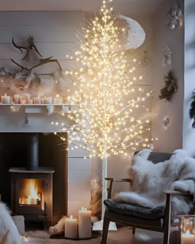 Vista 5 de TORONTOKYO Árbol de abedul iluminado de 8 pies, 1440 luces LED blancas cálidas, 8 modos de iluminación, árbol de Navidad artificial blanco con 7.9 ft