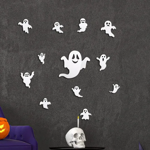 Vista 5 de Decoración de pared de fantasmas de Halloween, 12 calcomanías de fantasmas 3D para decoración del hogar de Halloween, calcomanías de fantasma blanco