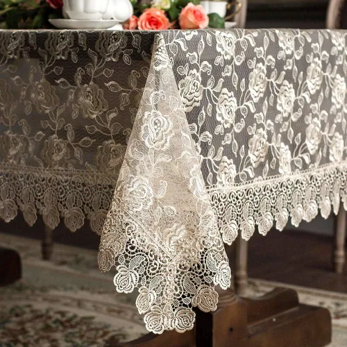 Vista 13 de ARTABLE Mantel rectangular pequeño de encaje de macramé, mantel vintage bordado estilo shabby chic para mesa oblonga para banquete de boda, Dorado