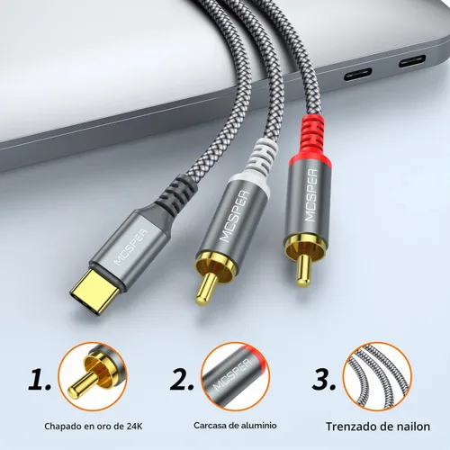 Vista 4 de Cable de audio USB C a 2 RCA, 6.6 pies tipo C a RCA macho a macho y RCA Splitter RCA 2RCA Jack Cable de audio USB-C para teléfono, tableta, cine