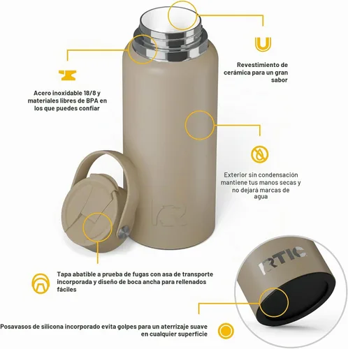 Vista 3 de RTIC - Botella de agua Outback de 32 oz (1 L), con revestimiento de cerámica, aislada, de acero inoxidable, doble pared con aislamiento al vacío