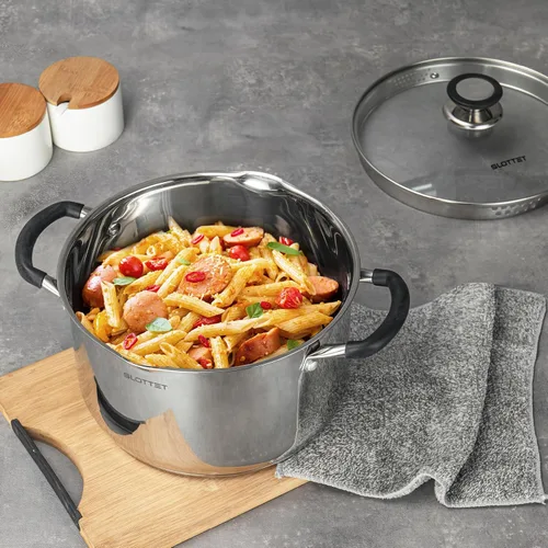 Vista 7 de SLOTTET Olla de Caldo de Acero Inoxidable de 6 Cuartos con Tapa de Vidrio con Colador, Olla de Sopa de 6 Qt Multiusos con Pico Vertedor, Mango