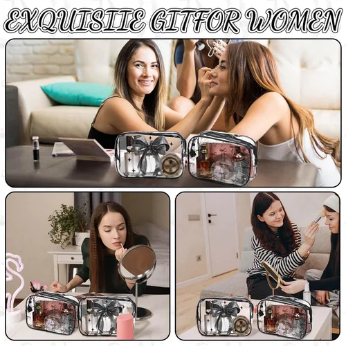 Vista 7 de Kacctyen 10 bolsas de maquillaje con lazo negro, regalos a granel para niñas y mujeres, regalos de fiesta de cumpleaños, coqueta, lazo pastel