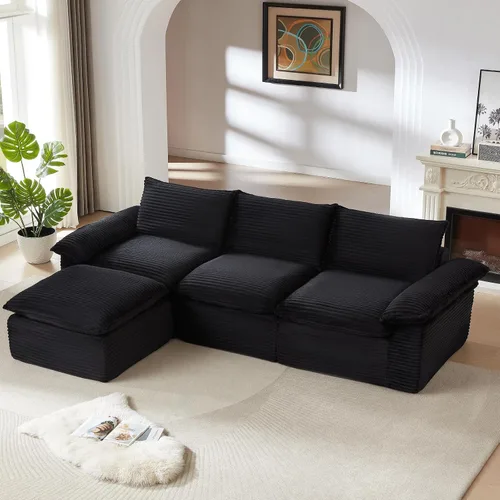 Vista 5 de Sofás modulares de 113.03 pulgadas para sala de estar, sofá modular moderno con sofás en forma de L, sofá tapizado de pana sin hueso, asiento Negro