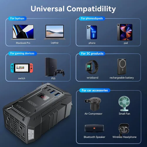 Vista 7 de Inversor de corriente para automóvil de 400 W CC 12 V a 110 V AC con PD 30 W/15 W USB C+2 puertos USB A y 2 salidas de CA, adaptador de enchufe