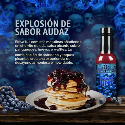 Vista 4 de Salsa picante Hellfire Blueberry Hell con pimientos Carolina Reaper, Gourmet, galardonada salsa picante a base de frutas, 5 onzas