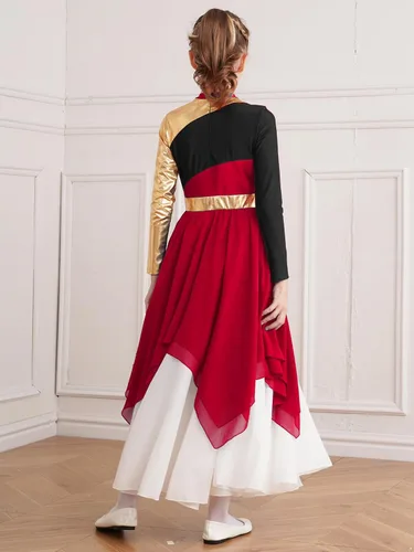 Vista 6 de JEATHA Vestido tipo túnica asimétrica de alabanza metálica brillante de manga larga para niños y niñas, disfraz de baile contemporáneo lírico