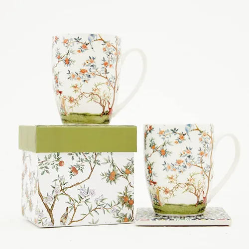 Vista 4 de ALYC Juego de Tazas de Café de Porcelana Fina – Diseño de Taza de Té con Pájaro y Flores de Rama – Paquete de 2 Tazas de Té de Porcelana con Caja