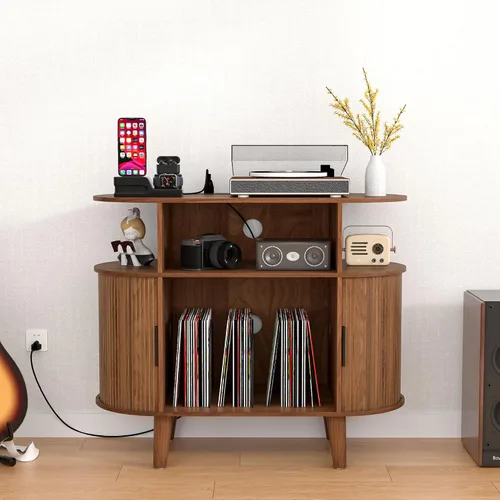 Vista 3 de LUVIOHOME Soporte redondo para tocadiscos, mesa de tocadiscos de mediados de siglo, estante para tocadiscos de vinilo con salida de corriente