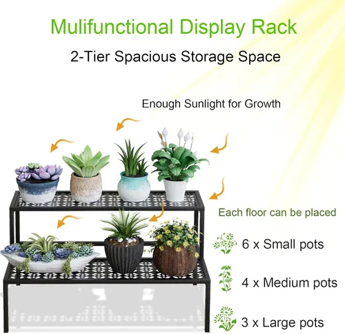 Vista 2 de aboxoo Soporte de metal para plantas de 2 niveles en maceta, soporte múltiple para macetas, estante para plantas de interior, múltiples plantas