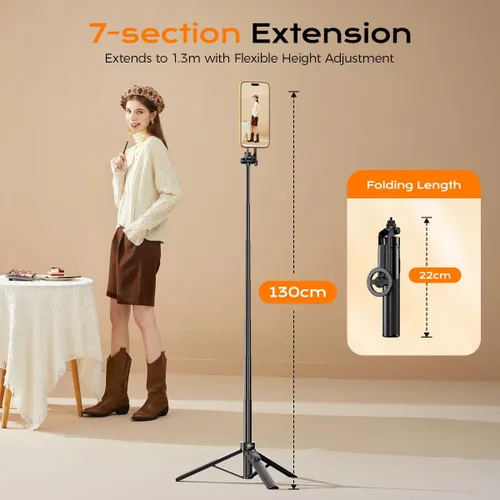 Vista 3 de Trípode magnético para teléfono, trípode ajustable y plegable de 51 pulgadas para iPhone con control remoto, fuerte soporte magnético para selfie