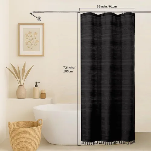 Vista 2 de OVZME Cortina de ducha bohemia negra, cortina de ducha estrecha de tela suave a rayas de lino texturizado con borla, moderna decoración de baño