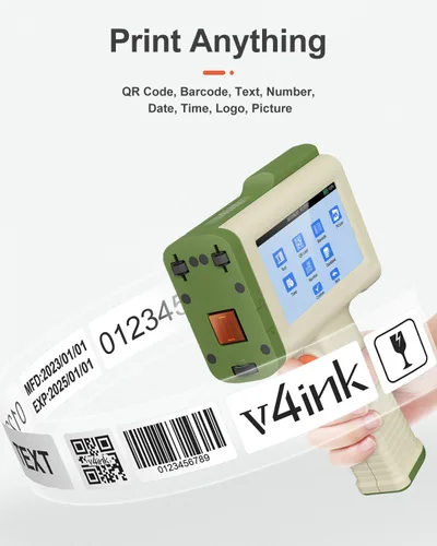 Vista 5 de v4ink Impresora de mano BT-HH6105B2 Beige Impresora de inyección de tinta de mano Imprime código de barras QR de 0.5 pulgadas, fecha, logotipo