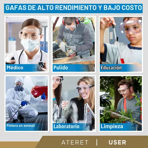 Vista 6 de ATERET Gafas de seguridad protectoras antivaho I Gafas ligeras ajustables con lentes transparentes I Gafas de protección contra salpicaduras
