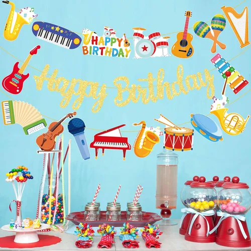 Vista 8 de Cartel dorado para fiesta de cumpleaños con instrumentos musicales, instrumentos musicales, decoraciones colgantes para músico, fiesta