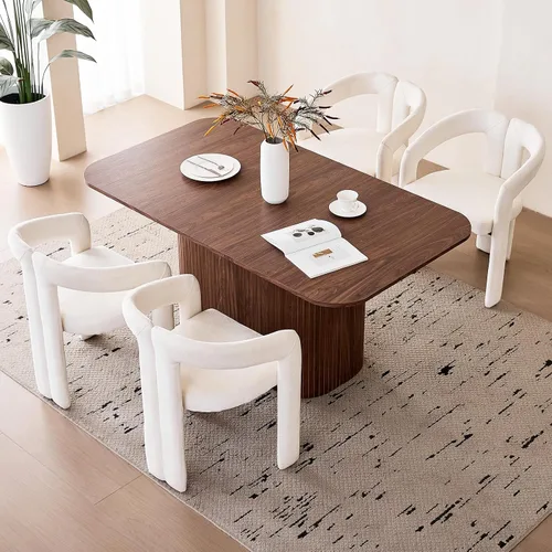 Vista 16 de Juego de 4 mesas de comedor grandes de 63 pulgadas para 4, esquinas redondeadas, mesa de cocina rectangular moderna de madera con sillas Boucle