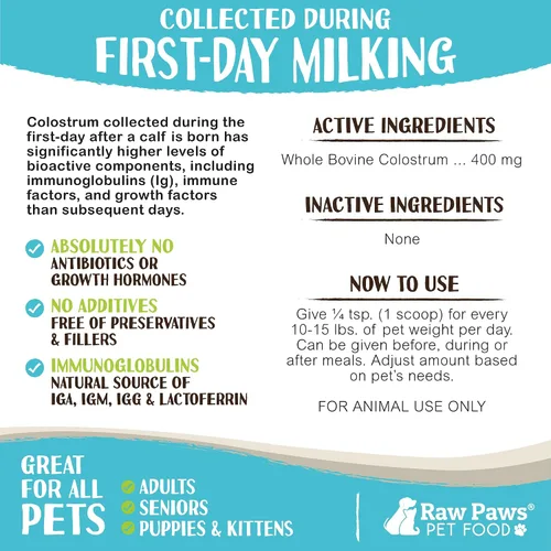 Vista 4 de Raw Paws Calostro bovino para mascotas para perros para alergias y apoyo inmunológico (5 onzas) - Fabricado en Estados Unidos - Calostro para gatos