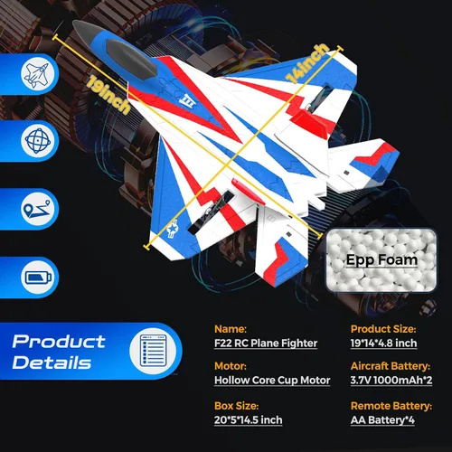 Vista 7 de Avión RC de 4 canales con luces Avión RC F22 con estabilizador de giroscopio de 6 ejes para principiantes, avión de control remoto para adultos 37