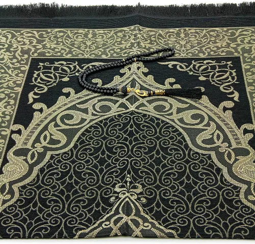 Vista 4 de ihvan online Alfombra de oración musulmana con 99 cuentas Tasbih y bolsa de viaje, tafetán suave sajadah, ligero y plegable, tapete de oración Negro