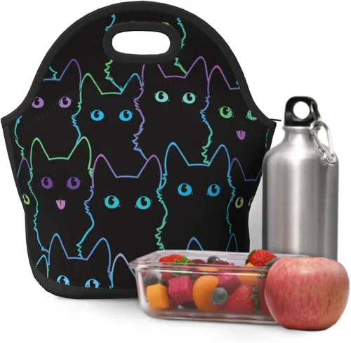 Vista 8 de Nerxy Bolsa de almuerzo de neopreno con aislamiento para gatos, bolsa pequeña para niños y adultos, bolsa térmica negra, contenedor reutilizable