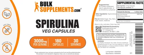 Vista 6 de BulkSupplements. Com Cápsulas de espirulina – Suplemento superalimenticio verde, suplemento de espirulina – Vegano, 6 cápsulas por porción, 180
