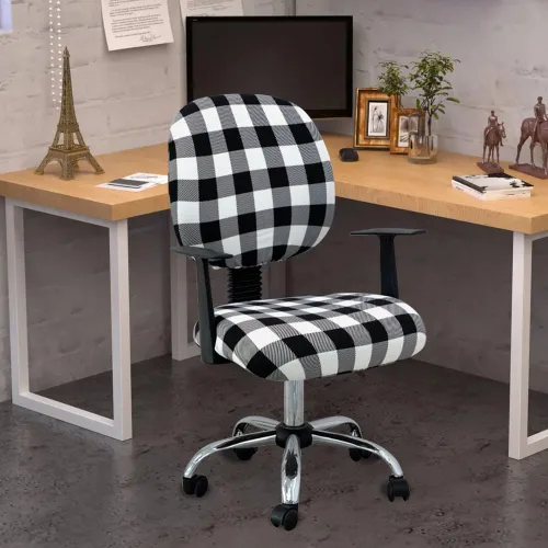 Vista 4 de Fundas para silla de oficina a cuadros blancos y negros, fundas elásticas para silla de oficina, protector de elastano lavable, funda de tela