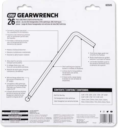 Vista 7 de Gearwrench - 83505 - Juego de 26 llaves hexagonales SAE/métricas con punta de bola y brazo largo