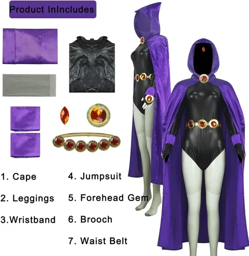 Vista 5 de PAINEOMN Disfraz de Halloween para mujer, overol negro con capa morada con capucha, conjunto completo para trajes de disfraces